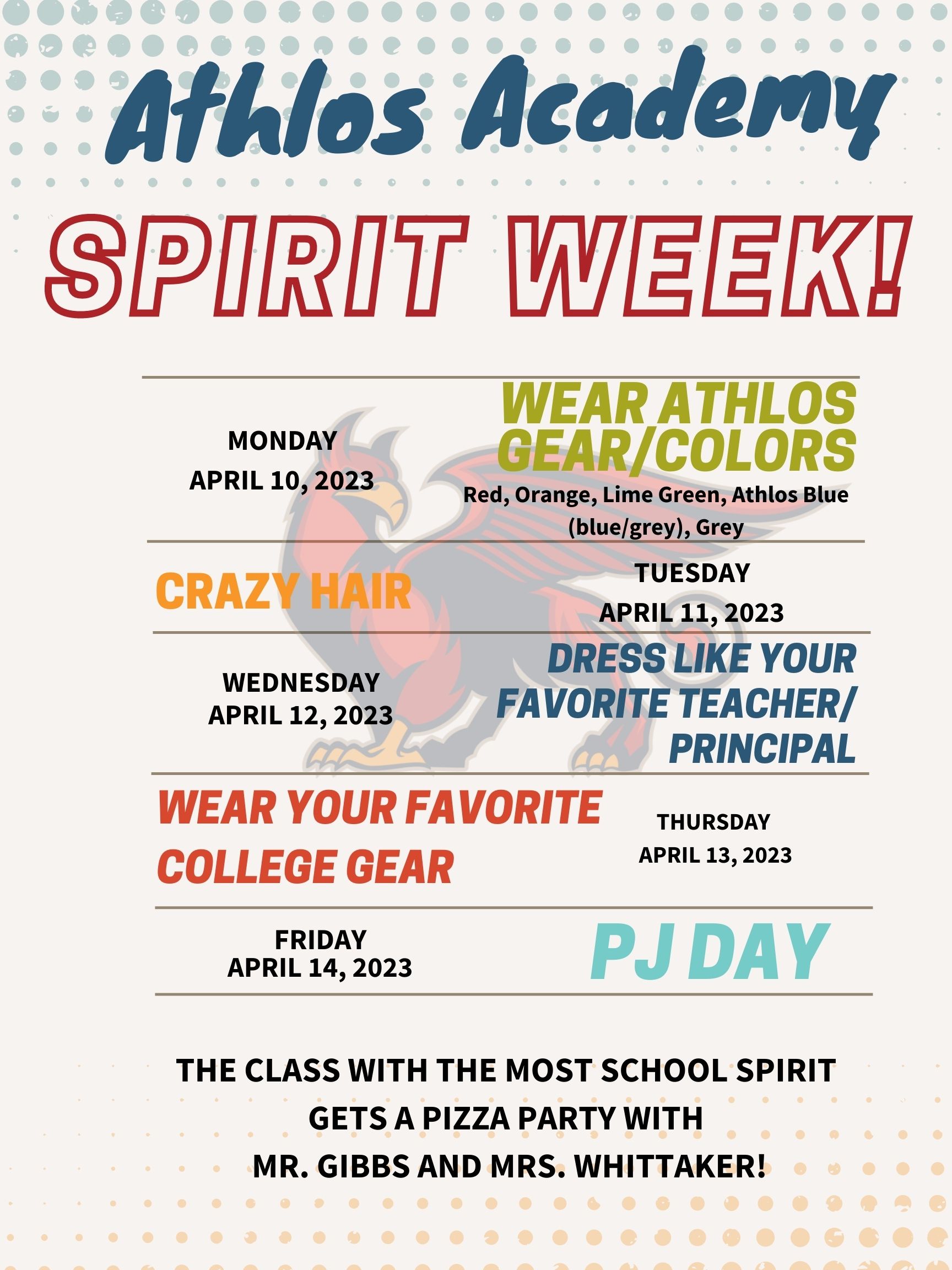 Flyer listing themes and dates for spirit week