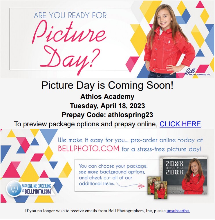 Spring Picture Day, Tuesday, April 18 prepay code athlosspring23