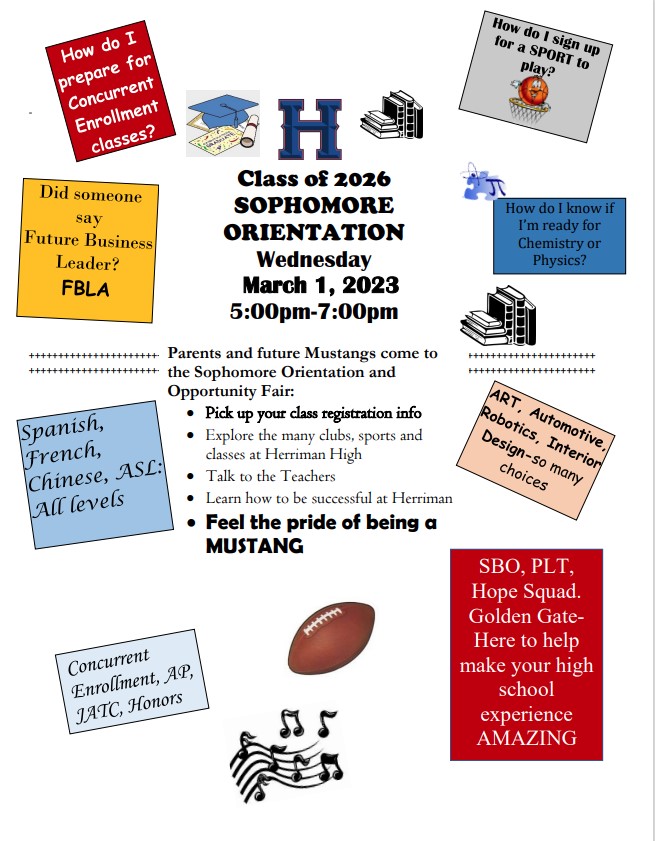 Flyer for sophomore orientation at Herriman High