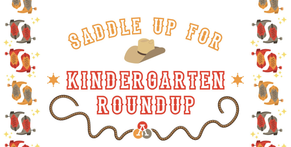 image with western theme that says saddle up for kindergarten roundup