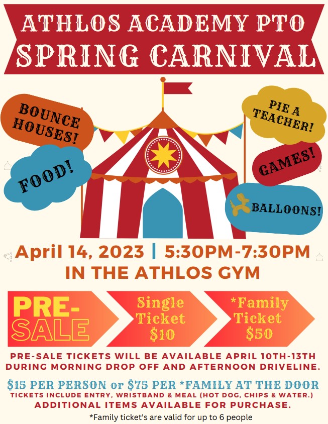 image of PTO carnival flyer single tickets $10 and family tickets $50, call the school for more information