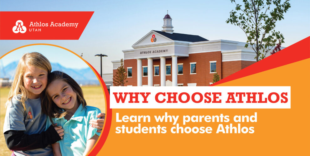 image of two girls in front of athlos school building with text that says why choose athlos and learn why parents and students choose athlos